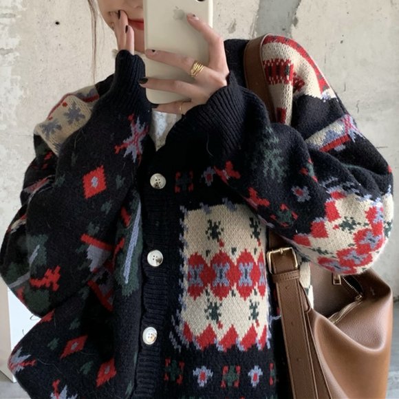 vintage retro oversized v-neck cardigan - Picture 1 of 3